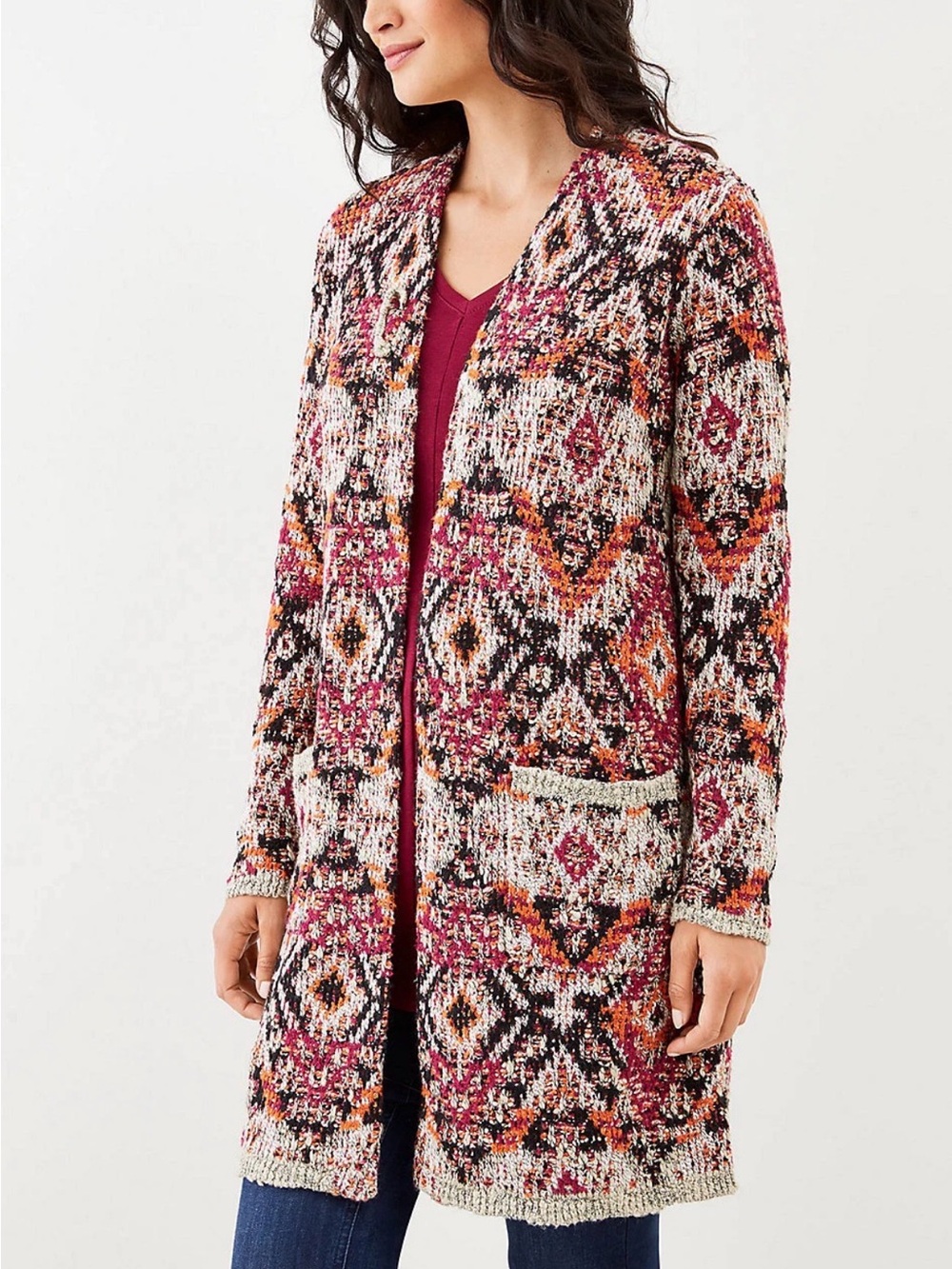 J. Jill Jacquard Tapestry Cardigan Sweater Sz S Cozy Southwestern Aztec Cottage